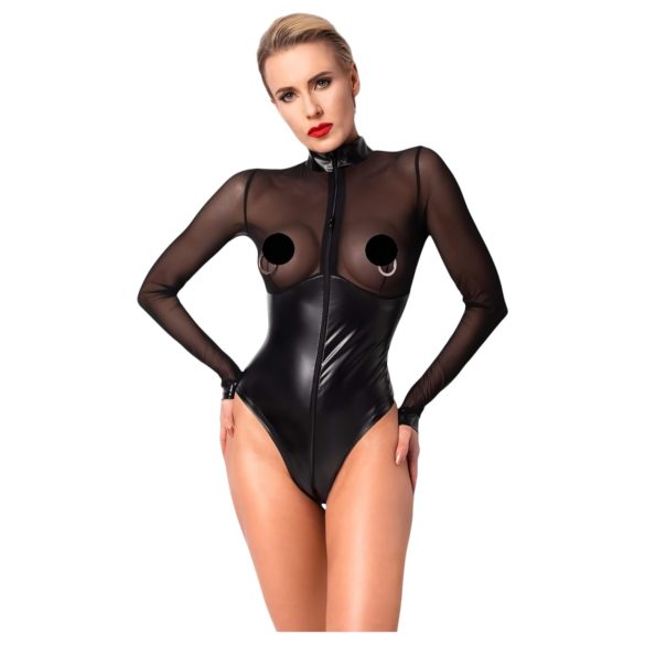 Noir - Glossy Bodysuit with Sheer Insets (Black) - XL