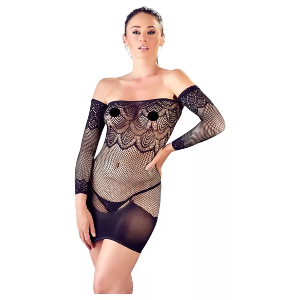 Mandy Mystery - Fishnet Tube Dress with Belt Décor and Thong - Black (S-L)