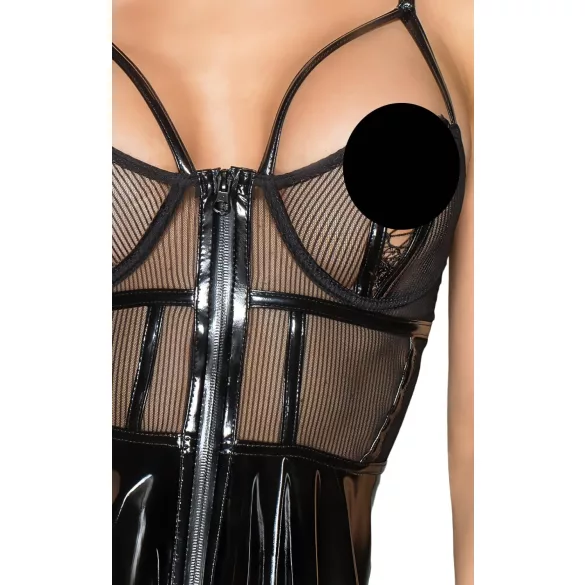 Noir - Black Patent Dress with Mesh Insets - M
