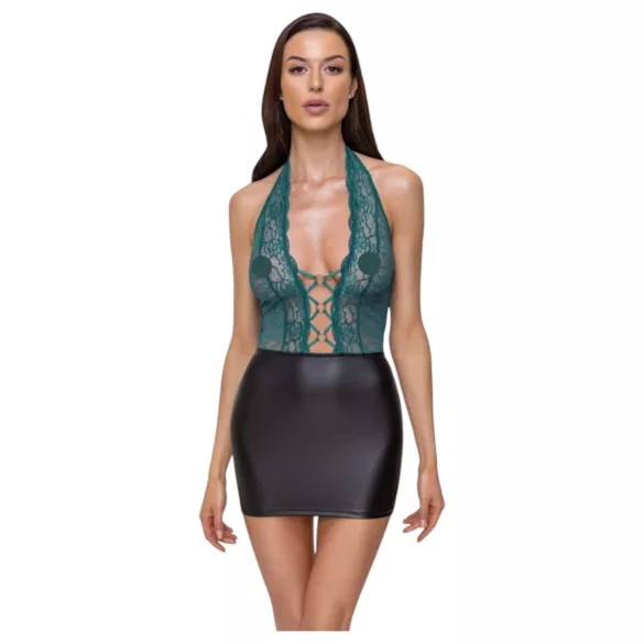 Cottelli - Shiny Lace-Up Dress with Lace (Black-Green)
