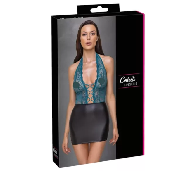 Cottelli - Shiny Lace-Up Dress with Lace (Black-Green)