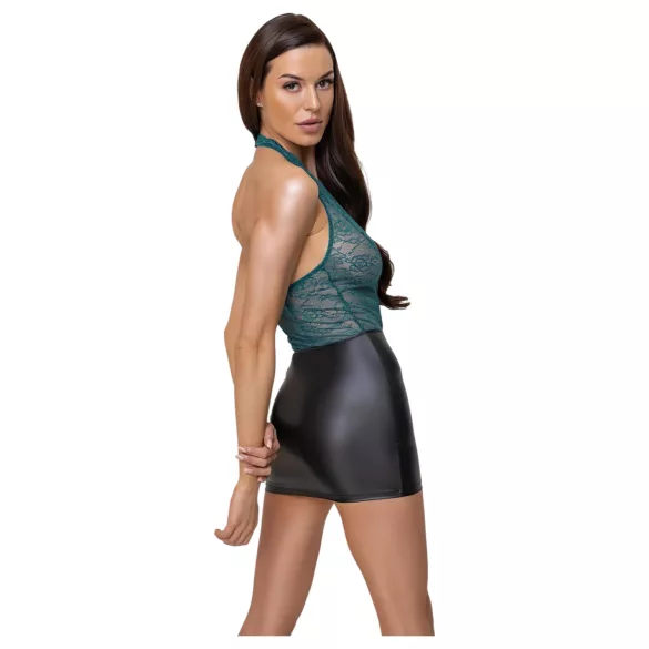 Cottelli - Shiny Lace-Up Dress with Lace (Black-Green)