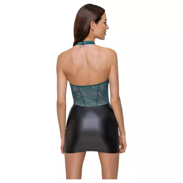 Cottelli - Shiny Lace-Up Dress with Lace (Black-Green)