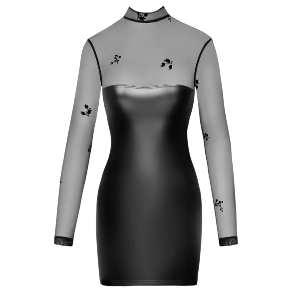 Noir - Black Glossy Dress with Sheer Top - M