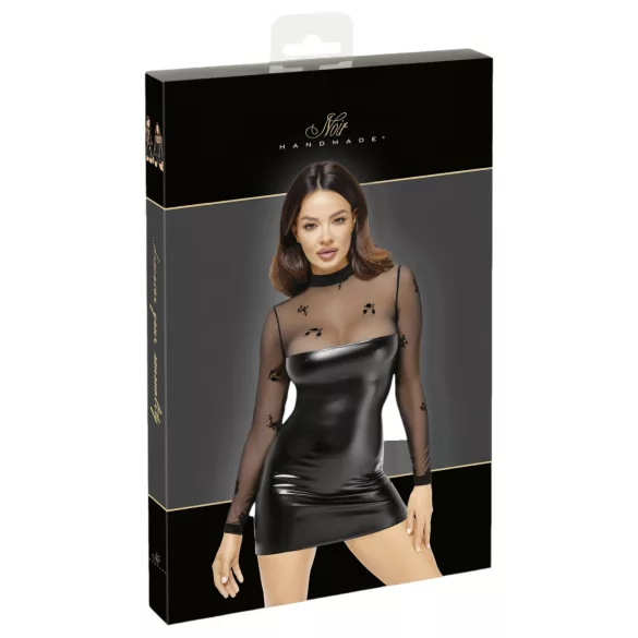 Noir - Black Glossy Dress with Sheer Top - XL