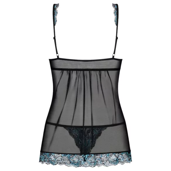 Obsessive Amanta - Embroidered Babydoll & Thong Set (Black-Turquoise)