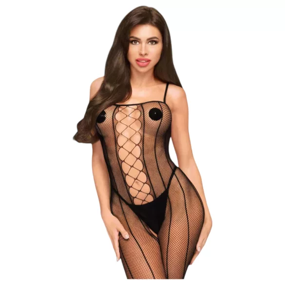 Penthouse Drop-Dead - Black Striped Mesh Open Jumpsuit