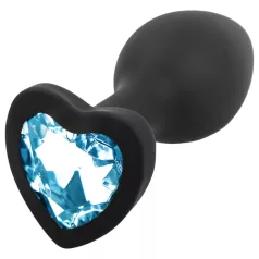   Sunfo - Silicone Heart-Shaped Anal Plug with Blue Gem (Black)