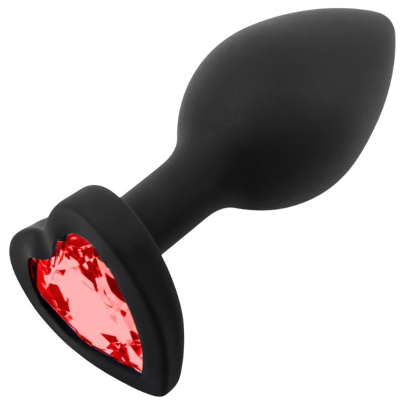 Sunfo - Silicone Anal Plug with Heart-Shaped Red Gem (Black)