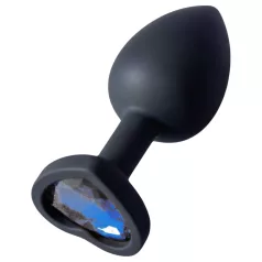   Sunfo - Black Silicone Heart-Shaped Anal Plug with Dark Blue Gem