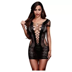   Baci - Lace-up, Short Sleeve Fishnet Mini Dress - Black (S-L)