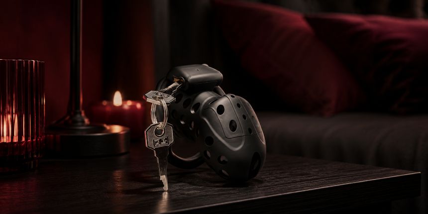 Black chastity cage with keys on a bedside table, shown in the Lovesexshop.ie sex shop guide