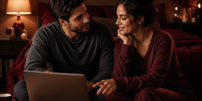 Couple talking openly about how to ask for what you want in bed in a cosy bedroom, Lovesexshop.ie sex shop
