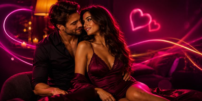 Sex positions for long-term couples in a warm intimate bedroom scene, Lovesexshop.ie sex shop