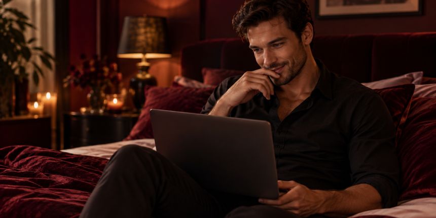 Man sitting on a bed with a laptop while reading about masturbation tips | Lovesexshop.ie sex shop
